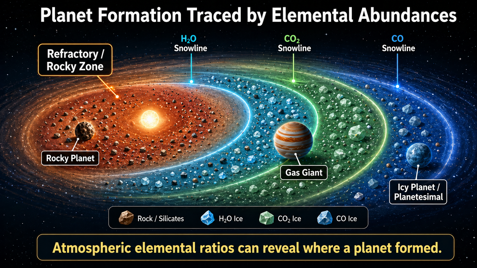 Protoplanetary disk schematic relating disk chemistry and atmospheric elemental ratios to planet formation